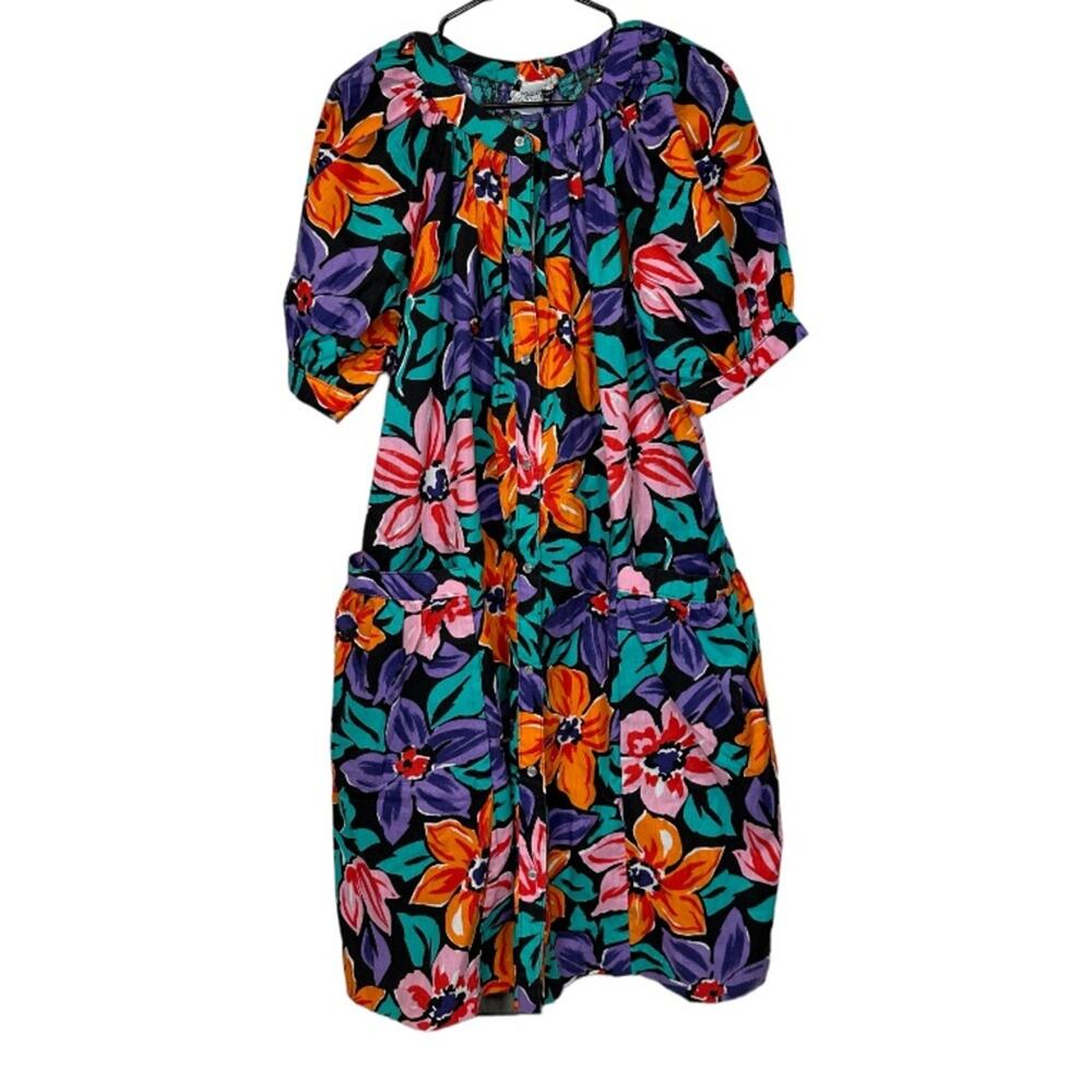 Vintage Models Coat Multicolor Floral Short Sleeve Snap Button Down Pocket Dress